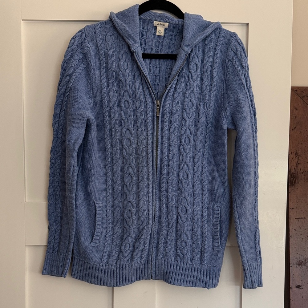 L.L. Bean Blue Cable-Knit Hooded Zip Cardigan with Pockets!  Women’s size large